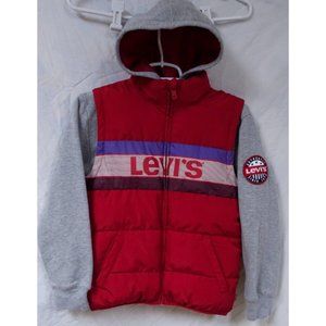 Levi's Boys Medium 10-12 Red Grey Hooded Full Zip Spellout 2fer Puffer Jacket